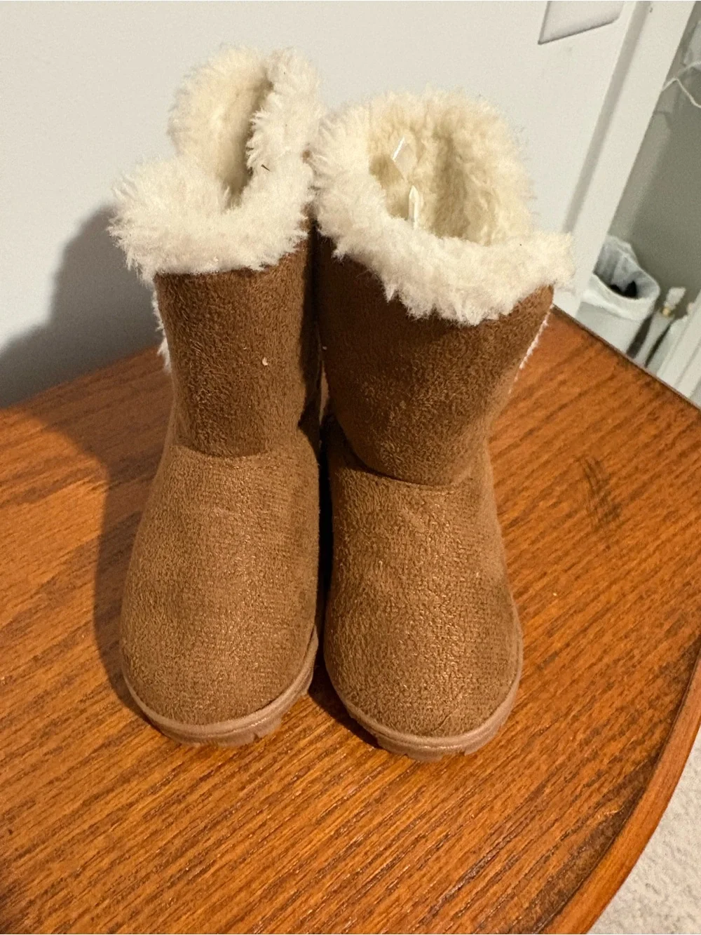 Toddler Brown Faux-Suede Winter Boots with Cream Faux-Fur Lining